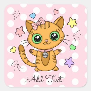 Cute Oranje Kitty Cat roze Polka Dot gepersonalise Vierkante Sticker