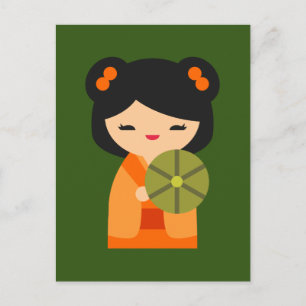 Cute oranje Kokeshi Japanse poppen Briefkaart