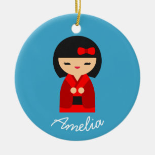 Cute oranje Kokeshi Japanse poppen Keramisch Ornament