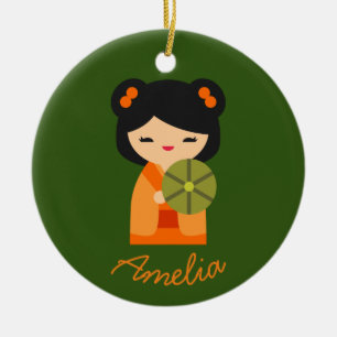 Cute oranje Kokeshi Japanse poppen Keramisch Ornament