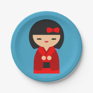 Cute oranje Kokeshi Japanse poppen Papieren Bordje