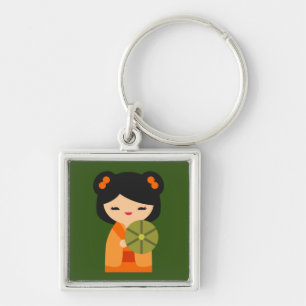 Cute oranje Kokeshi Japanse poppen Sleutelhanger