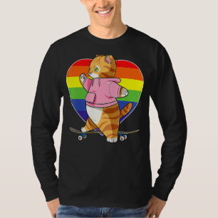 Cute Oranje Tabby Cat Skateboarder Rainbow Heart S T-shirt