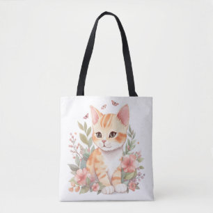 Cute Oranje Tabby Kitten met Flowers Waterverf Draagtas