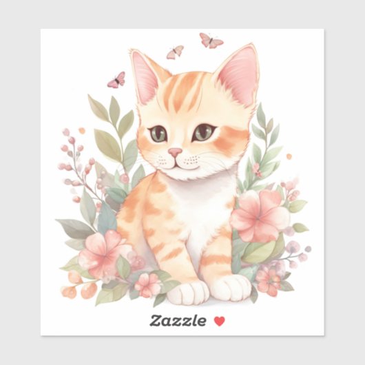 Cute Oranje Tabby Kitten met Spring Flowers Sticker (Vel)
