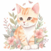 Cute Oranje Tabby Kitten met Spring Flowers Sticker (Voorkant)