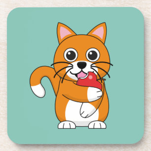 Cute Oranje White Cat Eating Red Apple Cartoon Bier Onderzetter