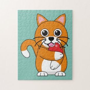Cute Oranje White Cat Eating Red Apple Cartoon Legpuzzel
