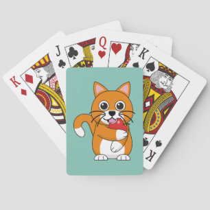 Cute Oranje White Cat Eating Red Apple Cartoon Pokerkaarten