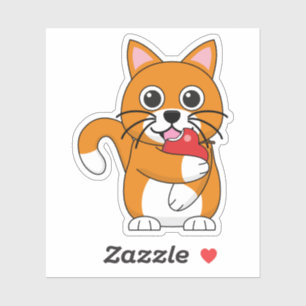 Cute Oranje White Cat Eating Red Apple Cartoon Sticker