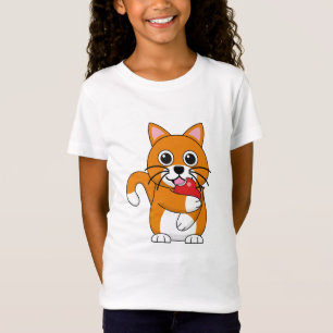 Cute Oranje White Cat Eating Red Apple Cartoon T-shirt