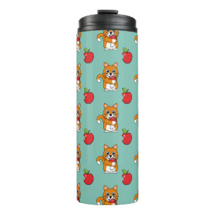 Cute Oranje White Cat Eating Red Apple Cartoon Thermosbeker