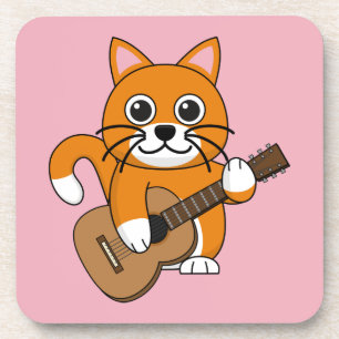 Cute Oranje White Cat Plays Guitar Cartoon Bier Onderzetter