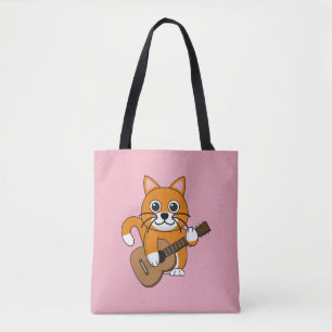 Cute Oranje White Cat Plays Guitar Cartoon Draagtas