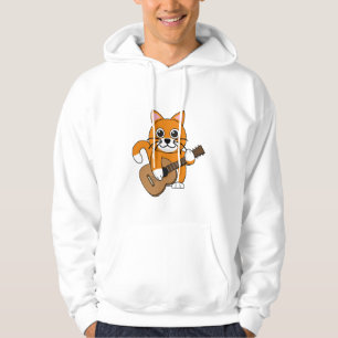Cute Oranje White Cat Plays Guitar Cartoon Hoodie