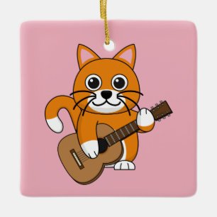 Cute Oranje White Cat Plays Guitar Cartoon Keramisch Ornament