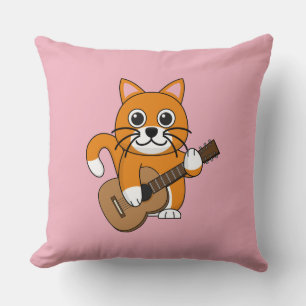 Cute Oranje White Cat Plays Guitar Cartoon Kussen