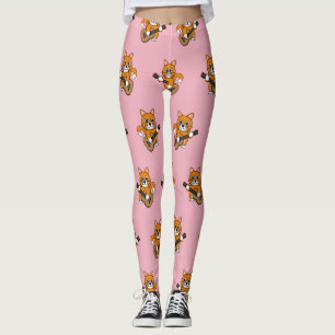 Cute Oranje White Cat Plays Guitar Cartoon Leggings