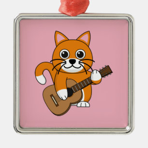 Cute Oranje White Cat Plays Guitar Cartoon Metalen Ornament