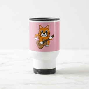 Cute Oranje White Cat Plays Guitar Cartoon Reisbeker