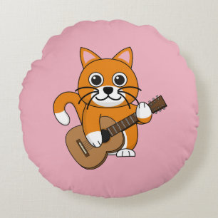 Cute Oranje White Cat Plays Guitar Cartoon Rond Kussen