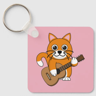 Cute Oranje White Cat Plays Guitar Cartoon Sleutelhanger