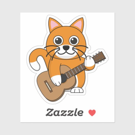 Cute Oranje White Cat Plays Guitar Cartoon Sticker (Vel)