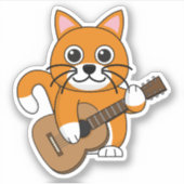 Cute Oranje White Cat Plays Guitar Cartoon Sticker (Voorkant)