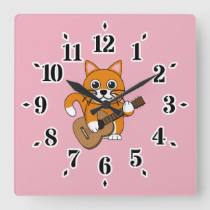 Cute Oranje White Cat Plays Guitar Cartoon Vierkante Klok