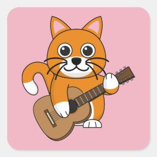 Cute Oranje White Cat Plays Guitar Cartoon Vierkante Sticker
