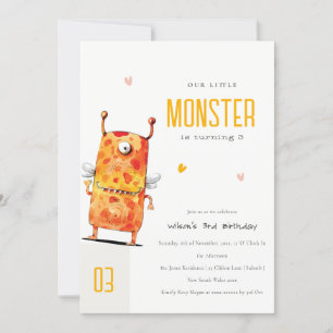 Cute Oranje Yellow One Eyed Monster Kids Birthday Kaart