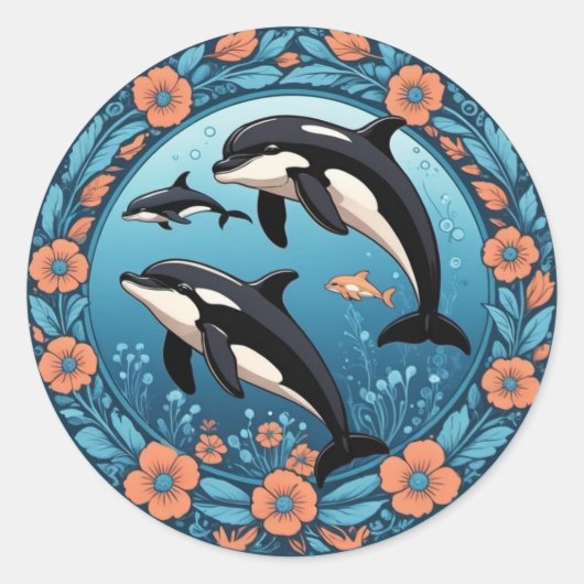 Cute Orca Pod nage avec Sticker Fleurs (Devant)