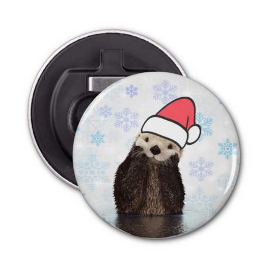 Cute Otter die met Kerstmis een kerstman heeft. Button Flesopener (Voorkant)