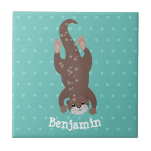 Cute otter-duiken op blauwgroen cartoon illustrati tegeltje