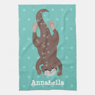 Cute otter-duiken op blauwgroen cartoon illustrati theedoek