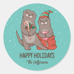 Cute Otter-kerstmis Snowy Winter Holiday Ronde Sticker