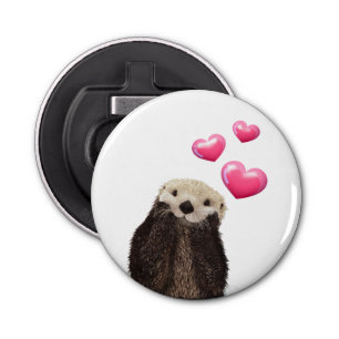 Cute Otter met roze liefdesharten Button Flesopener