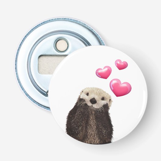 Cute Otter met roze liefdesharten Button Flesopener (Voorkant)