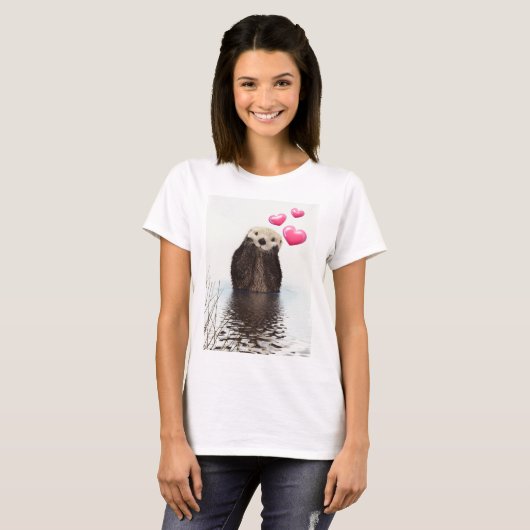 Cute Otter met roze liefdesharten T-shirt (Voorkant volledig)