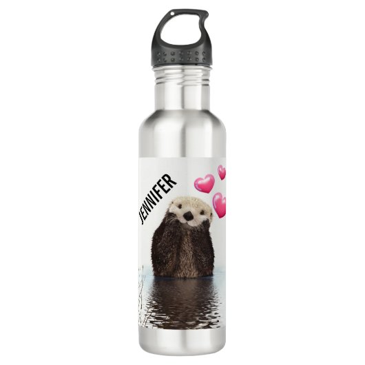 Cute Otter met roze liefdesharten Waterfles (Voorkant)