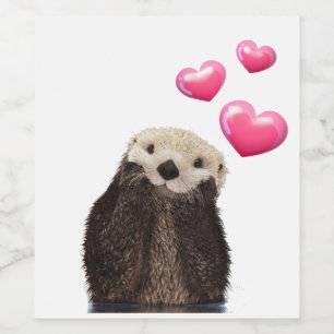 Cute Otter met roze liefdesharten Wijn Etiket