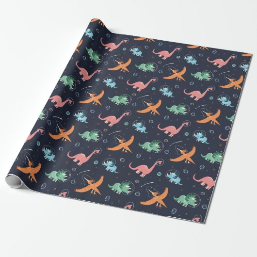 Cute Outer Space Dinosaur Holiday Kerstmis Cadeaupapier (Uitgerold)
