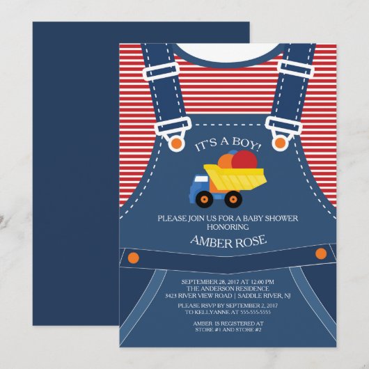 Cute Overalls Toy Truck Baby shower Invitation (Devant / Derrière)