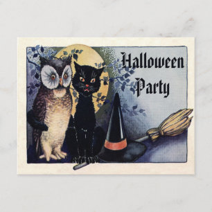 Cute  Owl and Cat Halloween Party Kaart