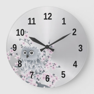 Cute Owl and Cherry Blossom Silver Grote Klok