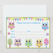 Cute Owl Baby shower Invitation Pink & Paars Kaart (Voorkant / Achterkant)