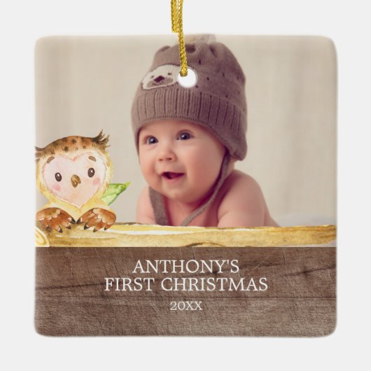 Cute Owl Baby's 1St. Fotokerstversiering Keramisch Ornament (Voorkant)