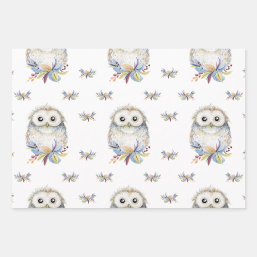 Cute Owl beige and blue waterverf Inpakpapier Vel (Voorkant)