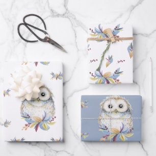 Cute Owl beige and blue waterverf Inpakpapier Vel