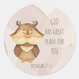 Cute Owl Bird Scripture Jerimiah 29:11 Ronde Sticker